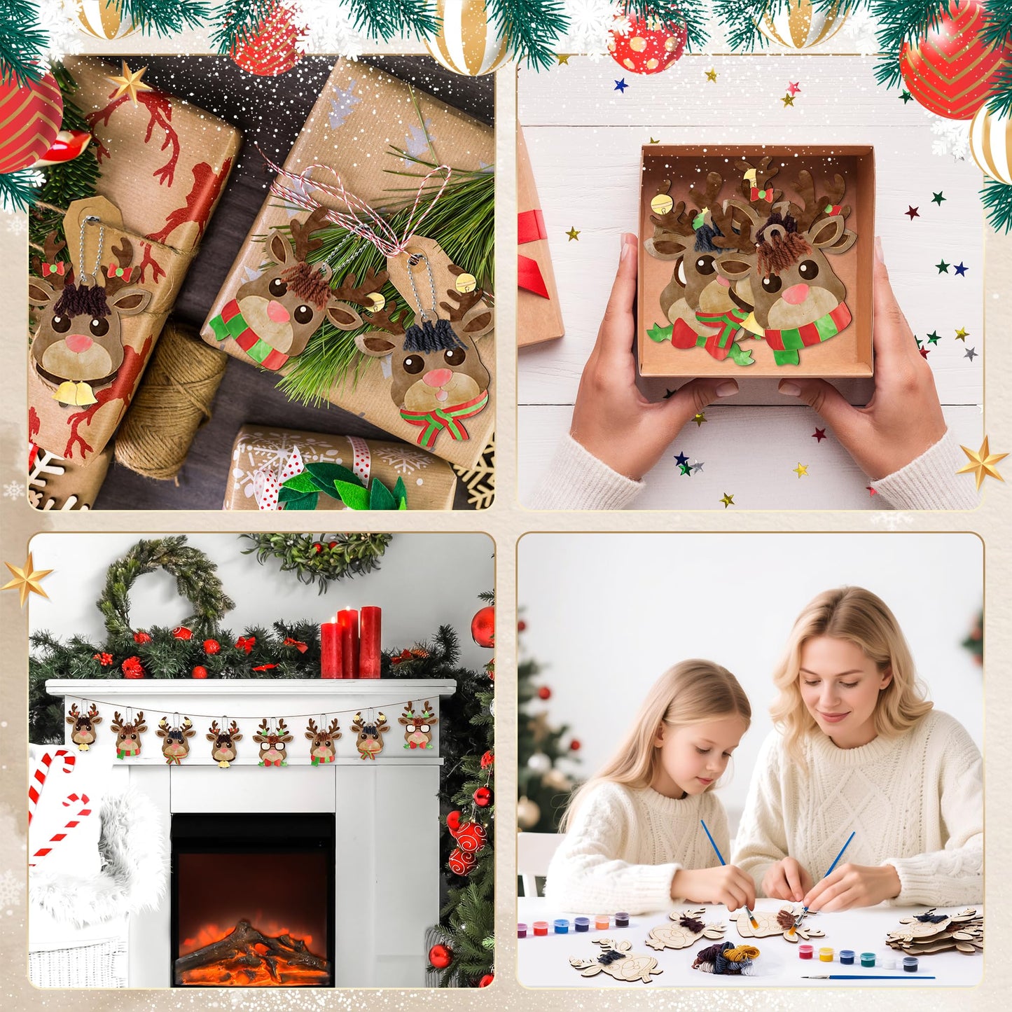 WATINC Wooden Christmas Reindeer Craft Kits - 24PCS Paint You Own Painting Art Work, Unfinished Deer Wood Slices Crafts Party Favor Supplies, DIY Reindeer Hanging Ornament Decoration for Boys Girls
