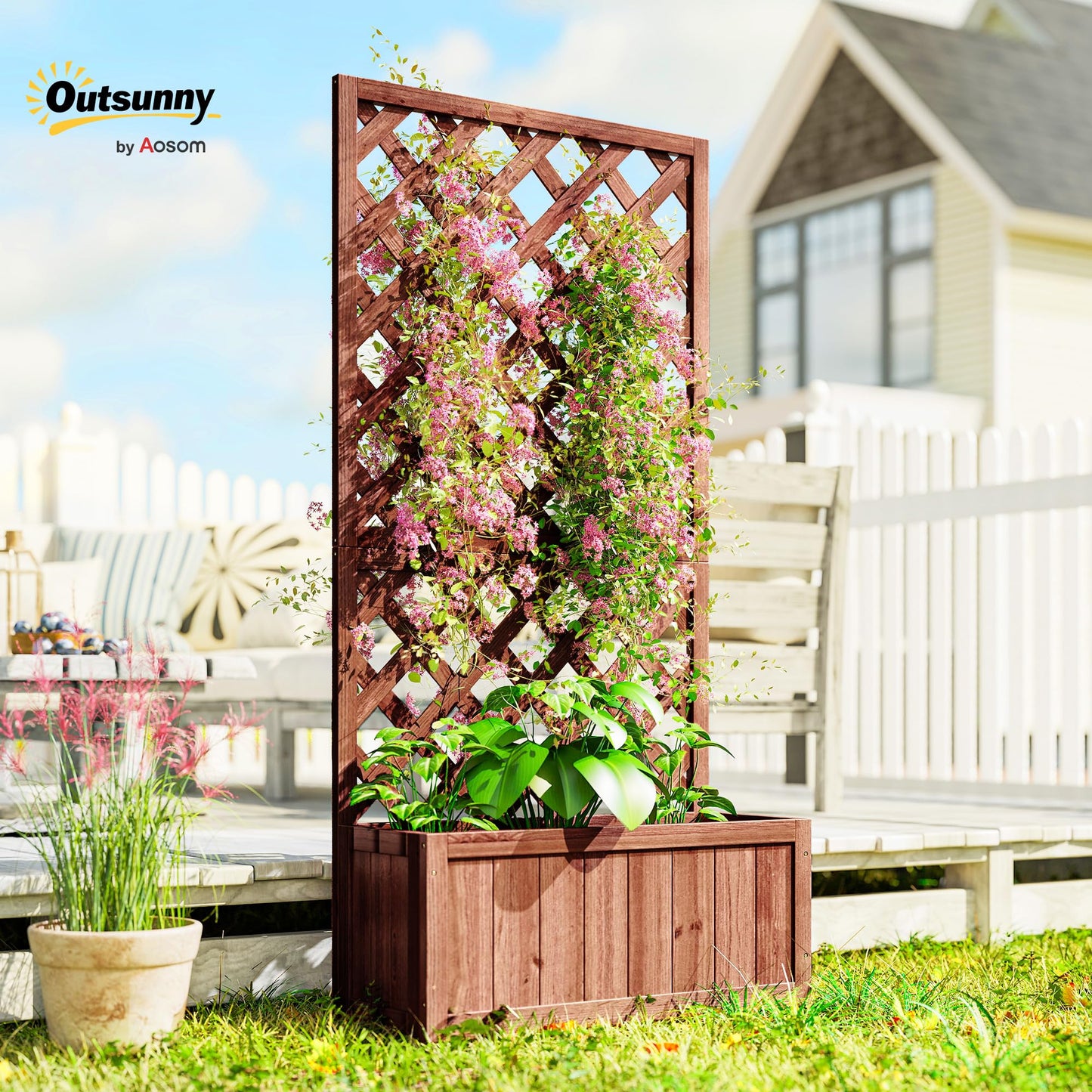 Outsunny Wooden Raised Garden Bed with Trellis, 59" Outdoor Planter Box with Drainage Holes, Planter Raised Bed for Climbing Vine Plants Flowers, Orange