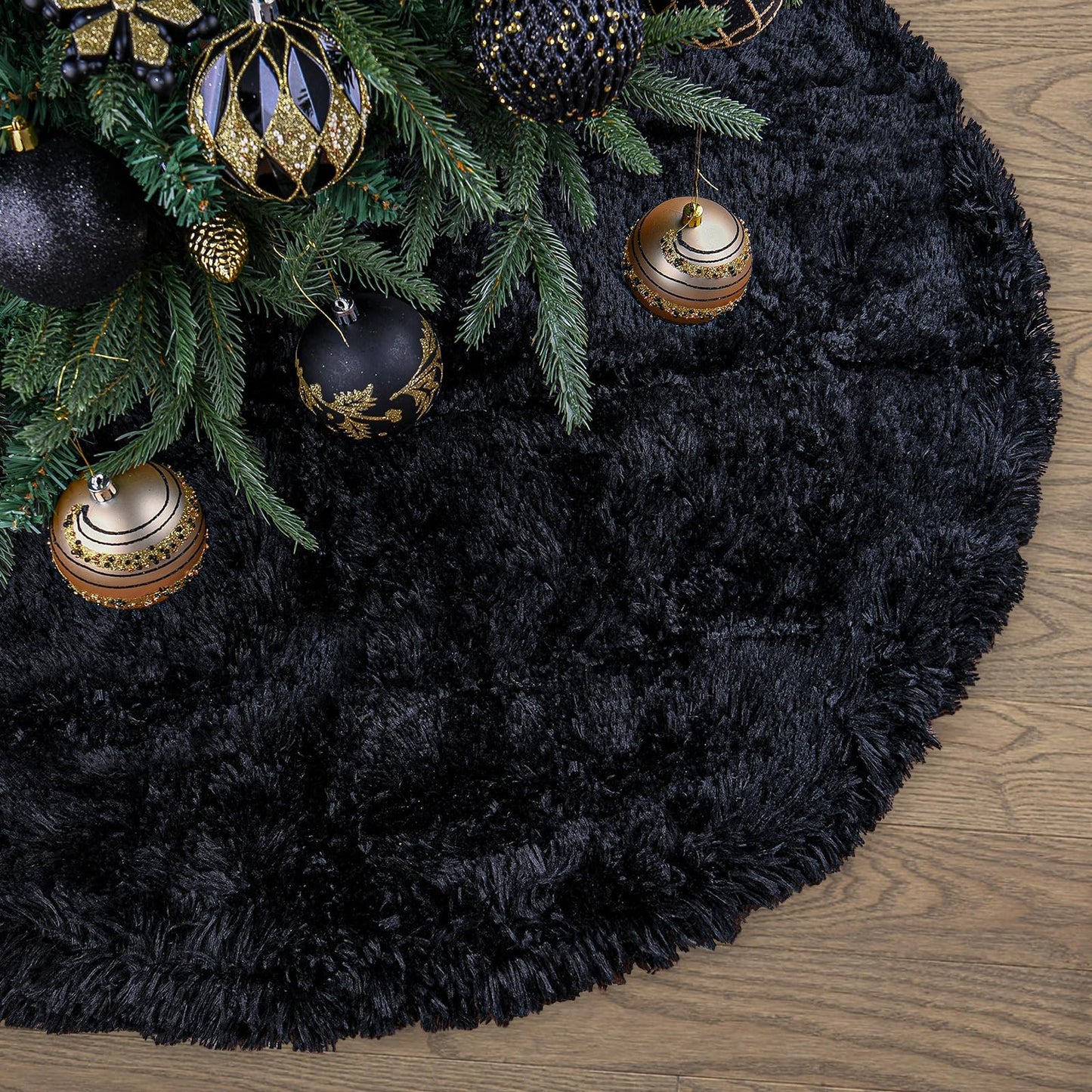 Faux Fur Christmas Tree Skirt,Large Luxury Tree Skirt with Snowflake Sequin, Christmas Decorations Holiday Thick Plush Tree Xmas Ornaments (Black, 24 Inch)