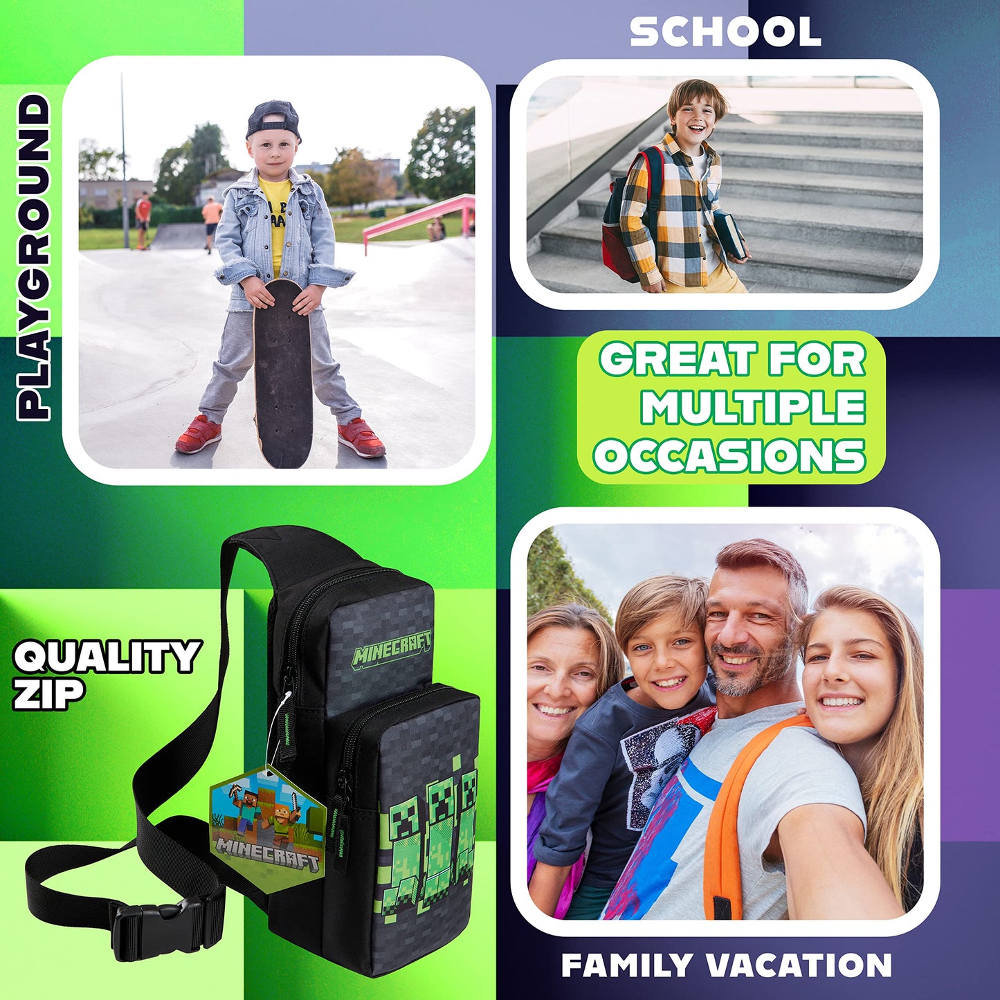 Minecraft Crossbody Bag for Boys Teens Creeper Sling Bag with Compartments Adjustable Strap Chest Bag for Travel Holidays Ideal for Phone Wallets Gamer Gifts (Black/Green)