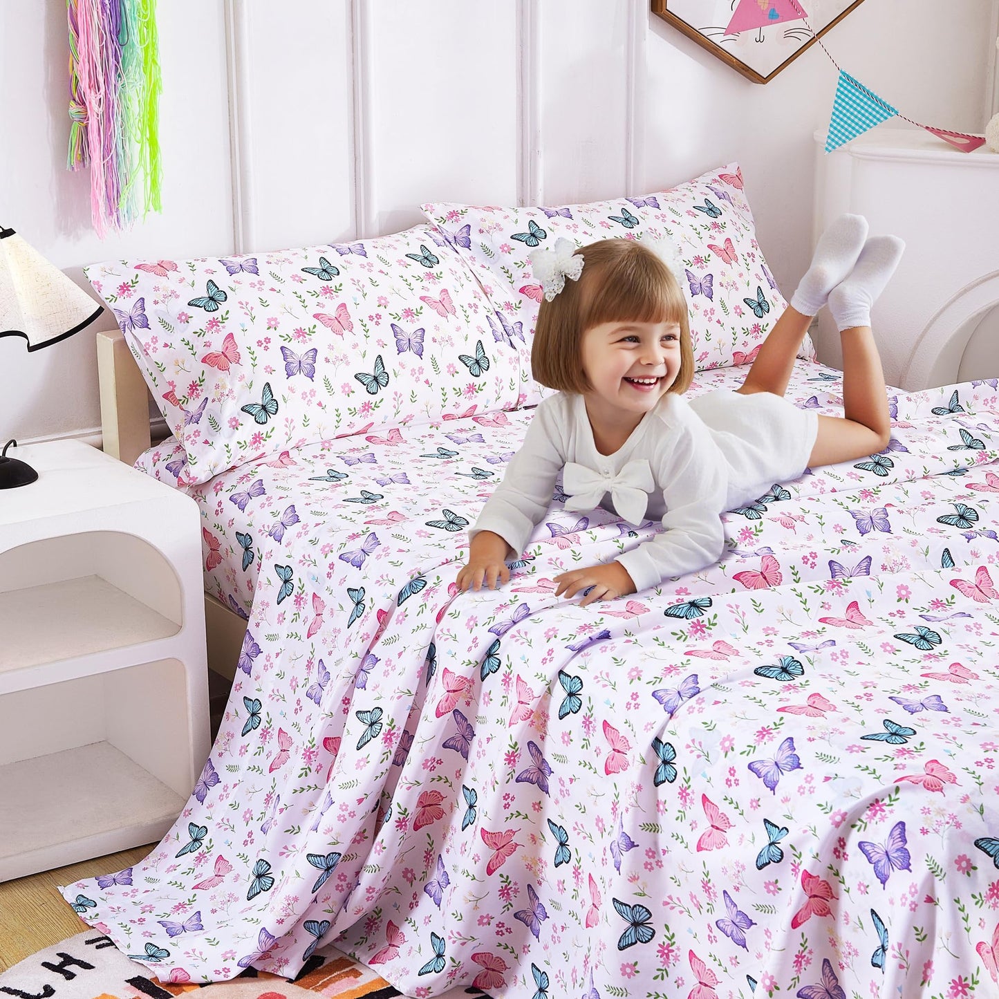 Softan Kids Bed Sheet Set, 4-Piece Full Size Sheets, Microfiber Fitted Sheet with Corner Straps, Breathable & Silky Soft Butterfly Flower Printed Sheet and Pillowcase Sets