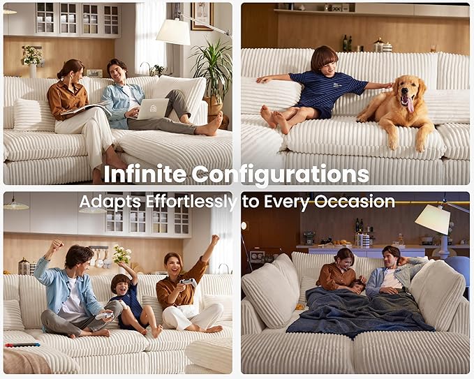 115" Oversized Corduroy Couch Modular Sectional Sofa, Washable Cloud Couch