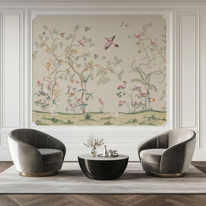 ARVOTONE Self-Adhesive Peel and Stick Wall Mural | Floral & Bird Design with Tropical Green Background | Removable Canvas Wallpaper for Living Room, Bedroom, Office (B, W114'' x H83'')