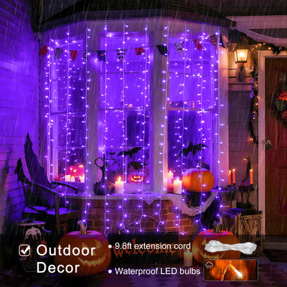 JMEXSUSS 300LED Purple Halloween Lights with Remote, 9.8x9.8ft Curtain Lights Plug in, 8 Modes Hanging String Lights for Indoor, Outdoor, Bedroom, Window, Party, Backdrop, Xmas, Halloween Decorations