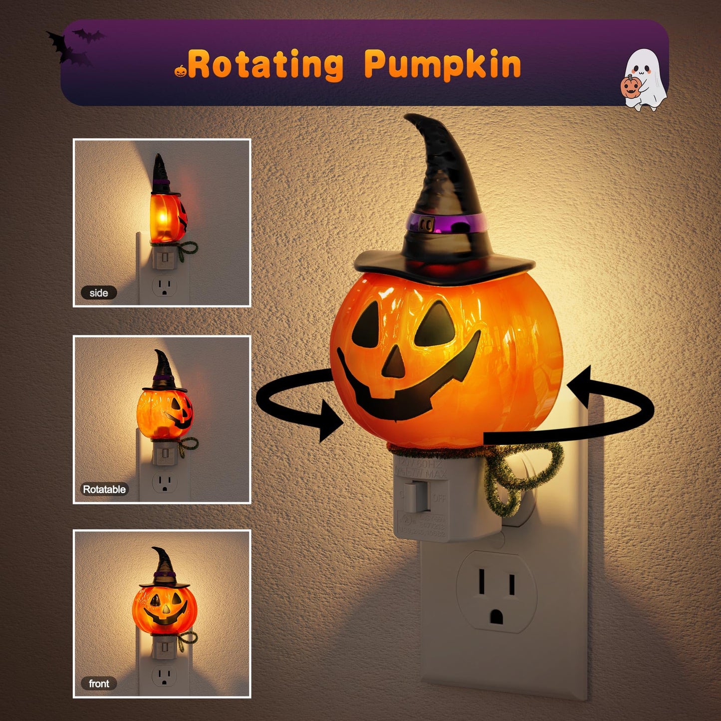 JandCase Halloween Night Light, 3000K Night Lights Plug into Wall,Cute & Funny Pumpkin Night Light for Kids,Plug in Pumpkin Nightlight with 360° Rotatable for Halloween Party Decor,1 Pack