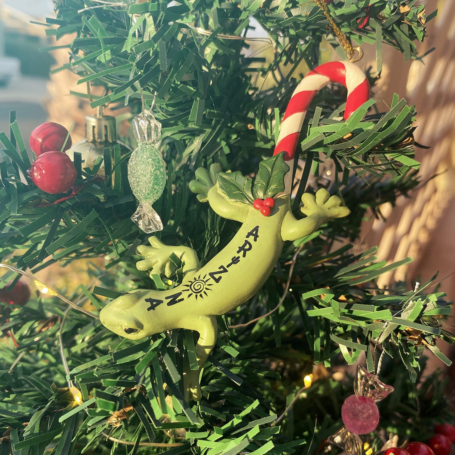 Candy-Cane-Tailed Gecko Personalizable Ornaments Hand Painted Ornament - Christmas in The Desert Ornament #3 (Arizona Namedrop)