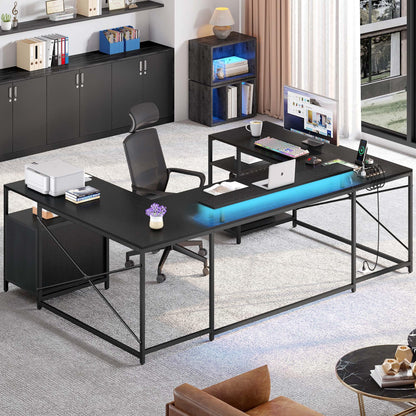 YITAHOME U Shaped Desk with Power Outlets & LED Lights, 79" Reversible L Shaped Desk with Drawers, Corner Computer Desk Office Desk with Monitor Stand & Storage Shelves, Black