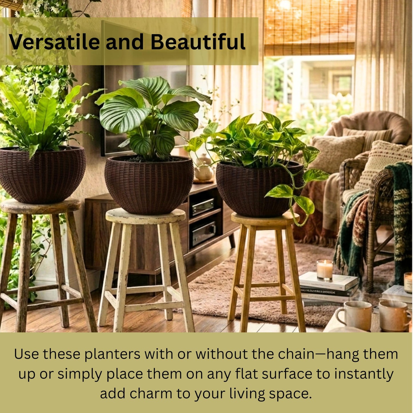 LaLaGreen Hanging Planters for Indoor Plants (11 Inch, 4 Pack) Brown Rattan Style Self-Watering Flower Pots with Water Level Indicator, Round Plastic Baskets with Metal Chain for Balcony, Porch Garden