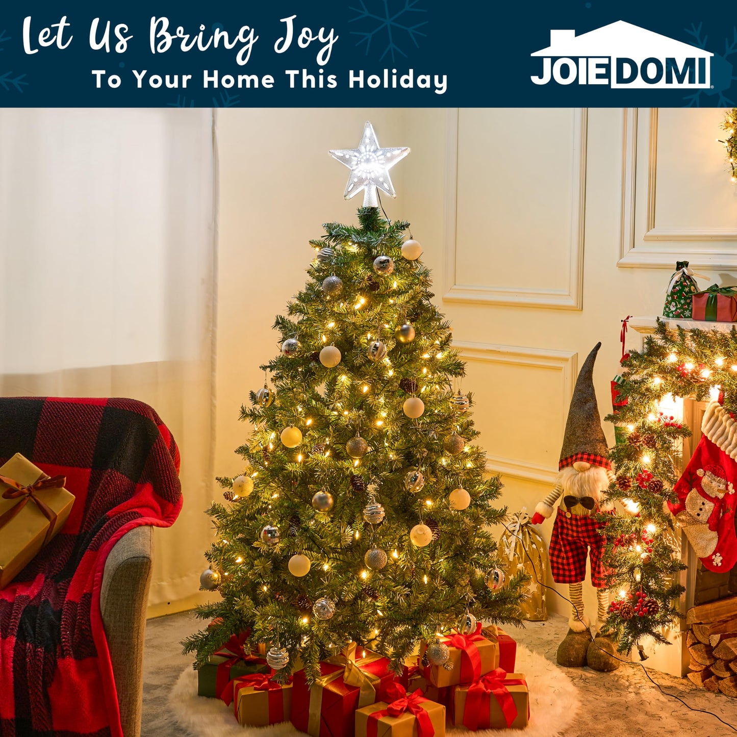 Joiedomi Christmas Silver Star Tree Topper Lighted with Projector, Built-in LED Rotating Lights, 3D Glitter Xmas Decorations for Party Holiday Indoor Decor