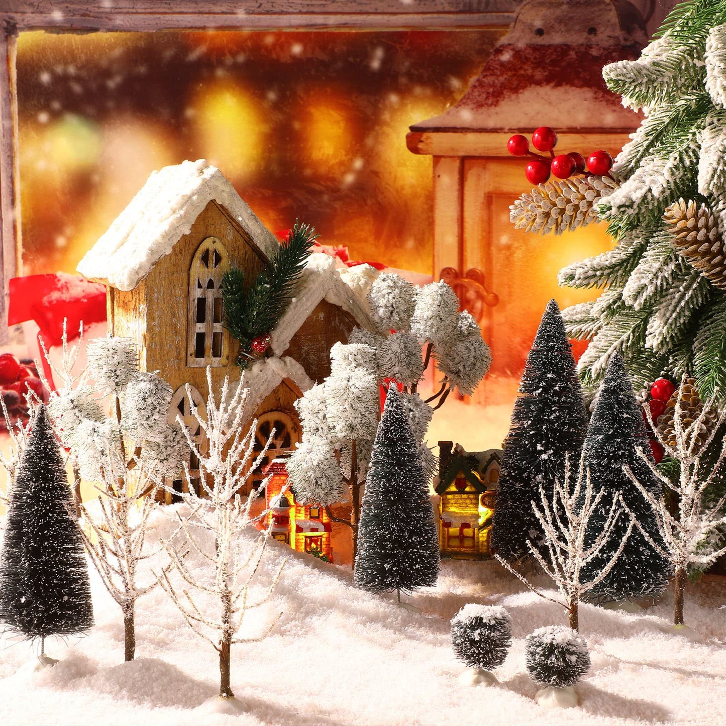 12 Pieces Christmas Village Trees Tabletop Mini Snow Model Frost Bottle Brush Trees Halloween Winter Tabletop Displays Miniature Village Christmas Decor Accessory Figurine(Vivid Style)