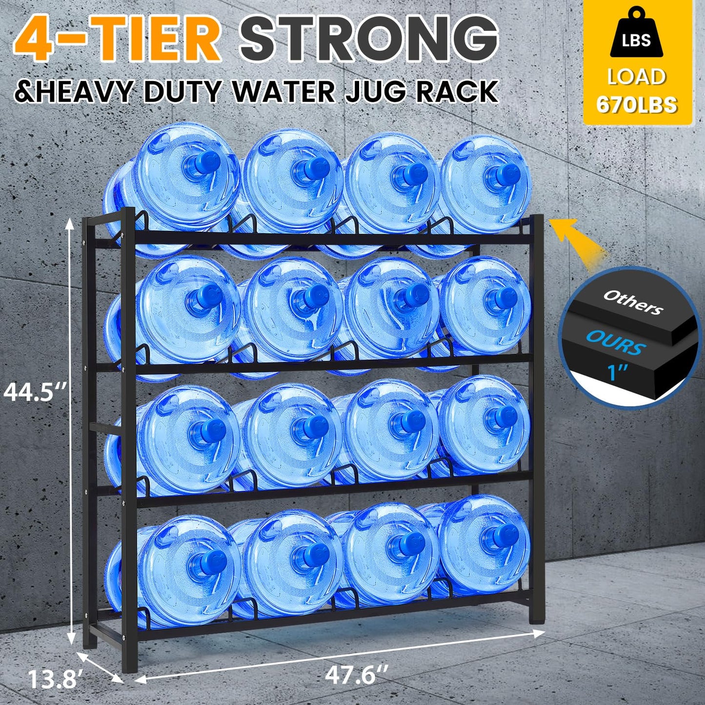jolybebe 5 Gallon Water Bottle Holder, 5 Gallon Water Jug Stand, 5 Gallon Water Bottle Storage Rack for 6/8 Bottles, Water Jug Organizer for Home Office, garage,Sturdy and Durable (16-slots, Black)
