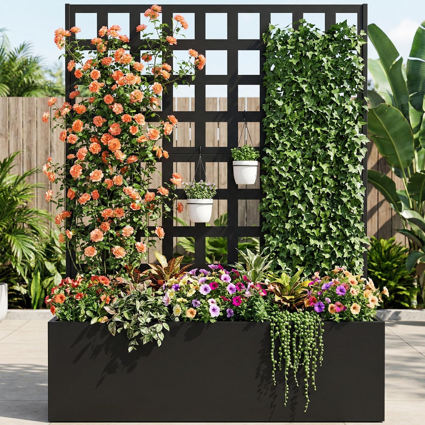MOMOKOVA Metal Planter Box with Trellis Privacy Screen,46.65" L×12.01" W×70.87" H Raised Garden Bed with Trellis,Drainage Holes Privacy Screen Planter Box for Climbing Plants and Vegetable (Grid)