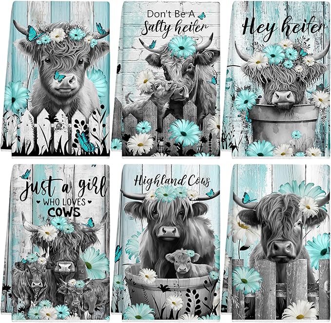 Breling Set of 6 Highland Cattle Kitchen Towels Highland Cow Vintage Themed