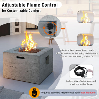 GDFStudio MgO Lightweight Square Propane Fire Pit Table, 40000 BTU Outdoor Propane Fire Pit with Steel Burner, Adjustable Flame Control, Lava Rocks & Rain Cover, Patio Backyard Deck Poolside, Gray