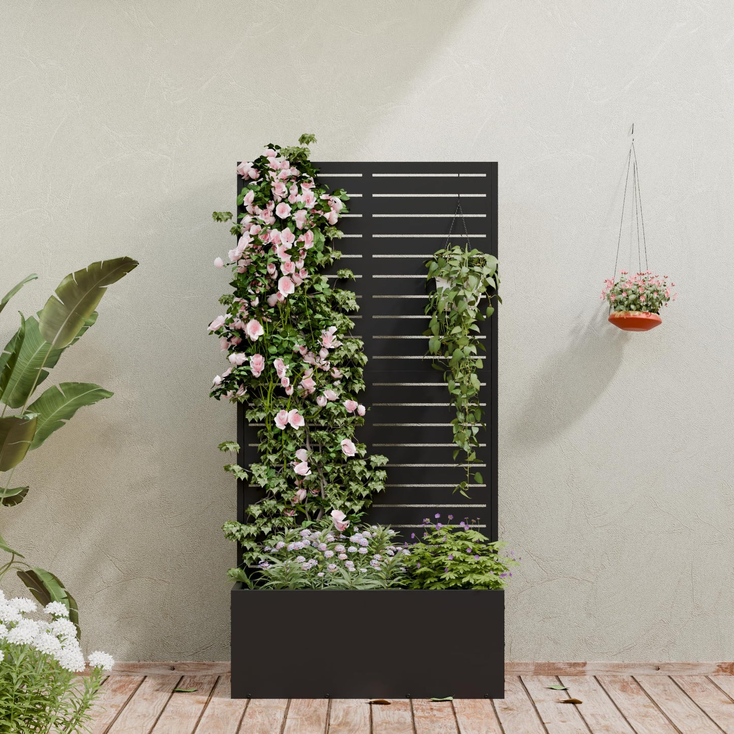 Casaphoria Metal Raised Garden Bed with Trellis, 59"x30"x12" Planter Box for Climbing Plants, Vegetables & Vines, Features Drainage Holes and Privacy Screen (Black-Louvered)