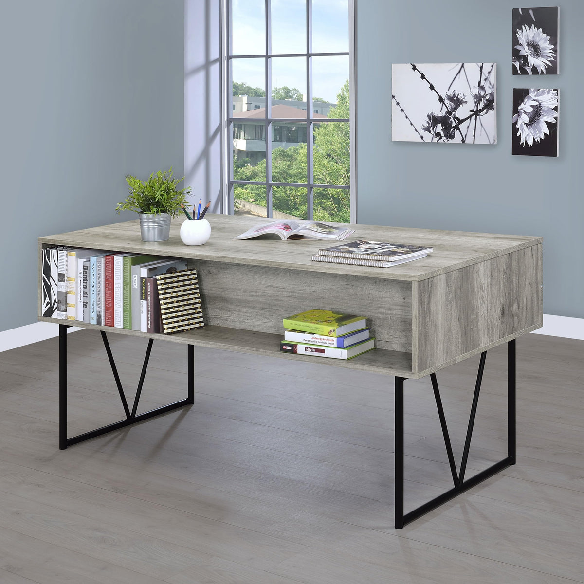 Coaster Home Furnishings Analiese Rustic 63-Inch 4-Drawer Home Office Computer Writing Desk Study Table with Storage Engineered Eco-Friendly Wood Look Laminate Sturdy Steel Grey Driftwood 801999