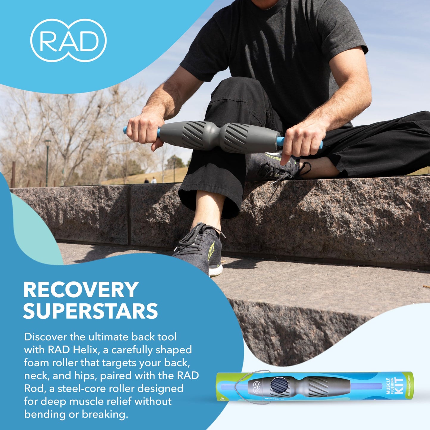 RAD 2-in-1 Muscle Flushing Kit – Includes Exercise Foam Roller & Massage Roller Stick – Deep Tissue Myofascial Release, Muscle Recovery Tools for Mobility & Performance