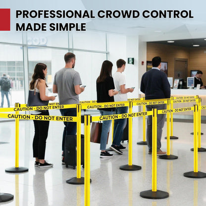 Crowd Control Warehouse Set of 2 Stanchion Retractable Belt Barriers, 11 Foot 'Caution Do Not Enter' Belt Barrier with 40” Yellow Posts, Barriers with Heavy Duty Concrete Base, CCW Series RBB-100