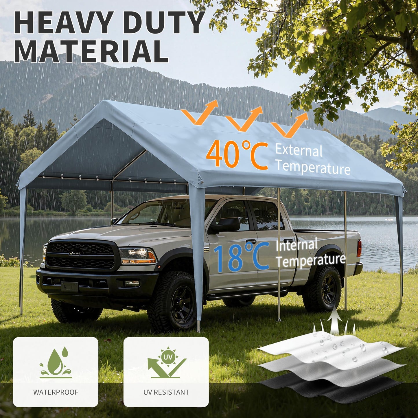 Pakunoda Carport Replacement Canopy Cover 10'x20' for Tent Top Garage Shelter Cover, 800D Heavy Duty Oxford Waterproof & UV Protected Car Canopy Tarp with Ball Bungees (Frame is not Included)