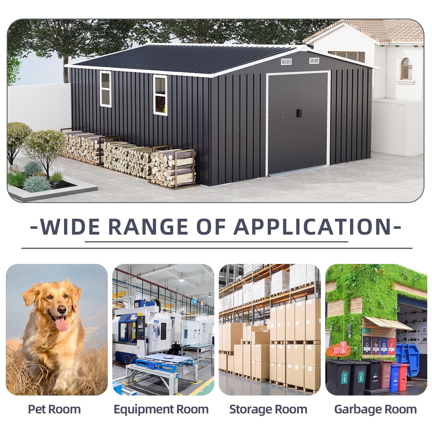 KEIKI 10' x 12' Metal Garden Storage Shed with Foundation Kit, Double Door Outdoor Tool Shed with 2 Windows, Color Steel Construction, Dark Gray
