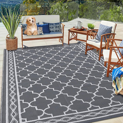 GlowSol Reversible Outdoor Rug 9x12 ft Clearance, Waterproof Outdoor Plastic Straw Rug with Carry Bag, Modern Geometric Patio Rug,RV Mat for Porch,Deck,Backyard,Camping,Balcony,Deck,Backyard,Grey