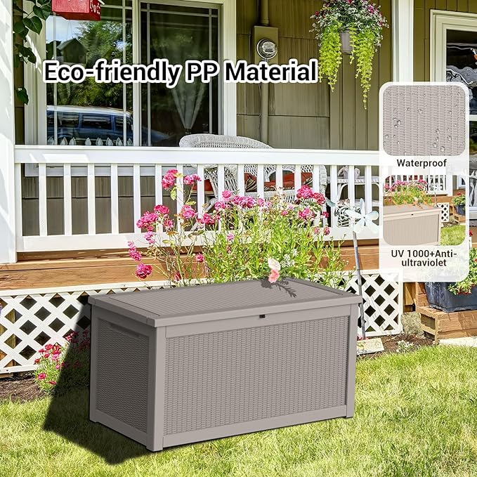 DRATO 320 Gallon Deck Box, Outdoor Large Waterproof Resin Storage Box with Lockable Lid for Patio Cushions, Gardening Tools（Gray，320 Gallon）