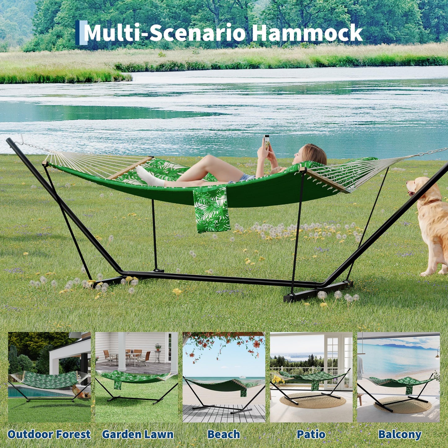 Garvee 2 Person Outdoor Hammock with Stand, Heavy Duty Portable Double Hammock with Balance Rope, MAX 450 LBS Capacity for Patio, Backyard, Garden, Beach