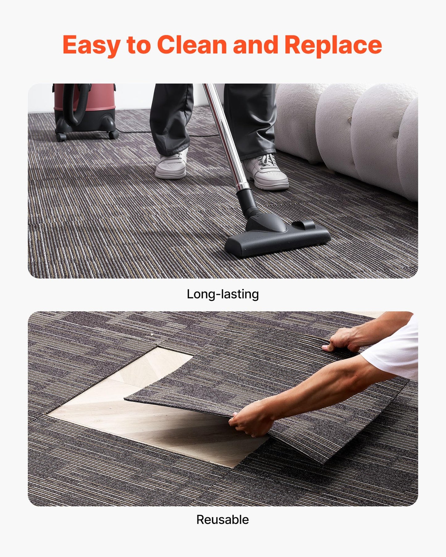 VEVOR Carpet Tiles Reusable 24x24 inch, 24 PCS Modular Carpet Square Rug, Commercial Floor Soft Padded for Seamless Cover 96sq.ft², Easy DIY for Living Room Bedroom Office Indoor,Gray & Brown
