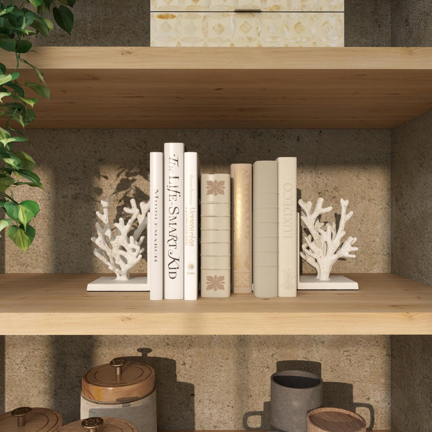 Deco 79 Metal Coral Decorative Bookends Non Skid Bookends, Set of 2 Office Bookends5"W, 7"H, White