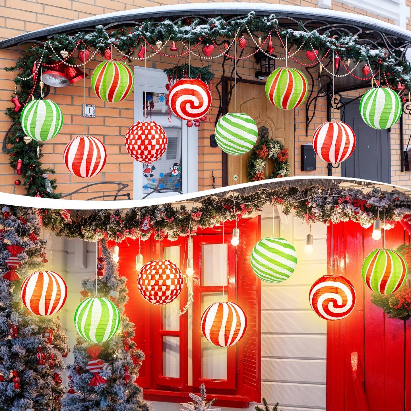 Panelee 12 Pcs Christmas Peppermint Paper Lanterns 8 Inch Red Green White Candy Canes Hanging Round Paper Lanterns Holiday Xmas Party Decorations for Home Classroom Ceiling