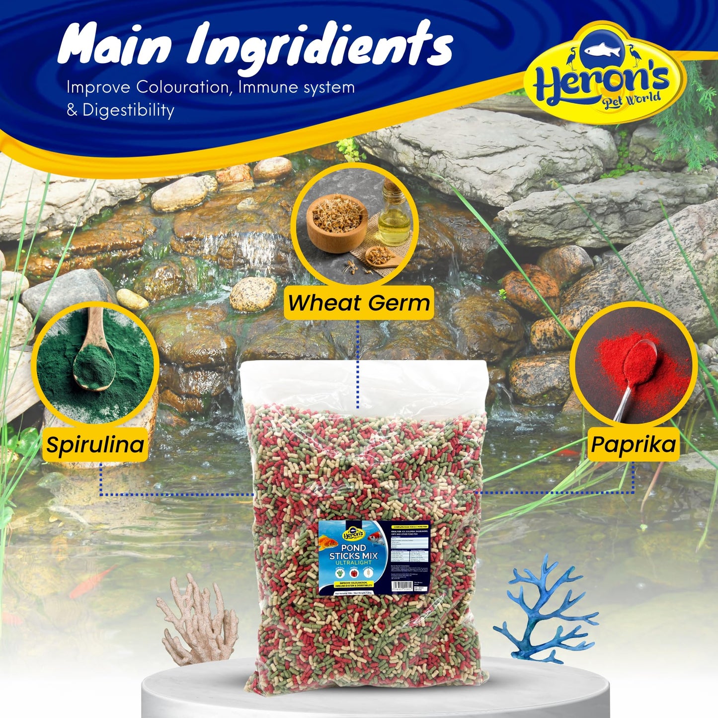 HERONS Pond Sticks Mix Ultralight 15L - Koi & Goldfish Food - Excellent Value - Complete Feed for all Pond Fish - Premium, Variety Pond Sticks