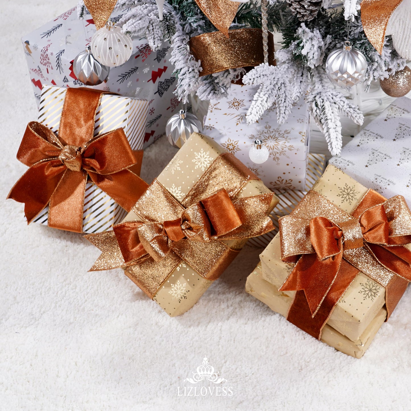 LIZLOVESS Copper Velvet Wired Ribbon with Glitter Back 2.5 Inch Copper Christmas Ribbon Wired Reversible Ribbon for Christmas Tree, Gift Wrapping, Crafts, Wreaths Supplies, Topper Bows (10 Yards)