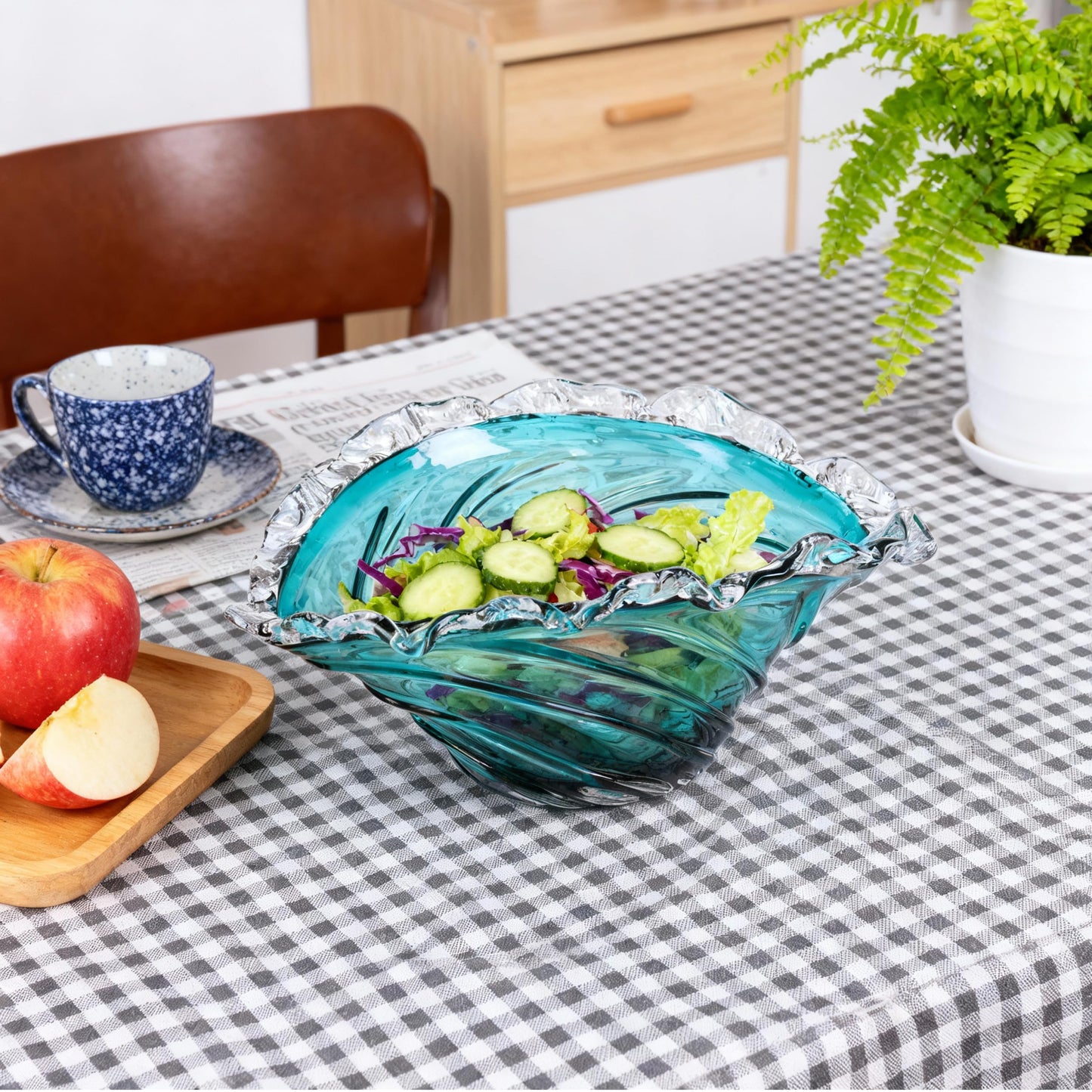 suruim Hand Blown Blue Ocean Wave Crystal Glass Bowl - Large Glass Bowl Decorative Sea Glass Fruit Bowls Art for Coastal & Modern Home Office Centerpiece