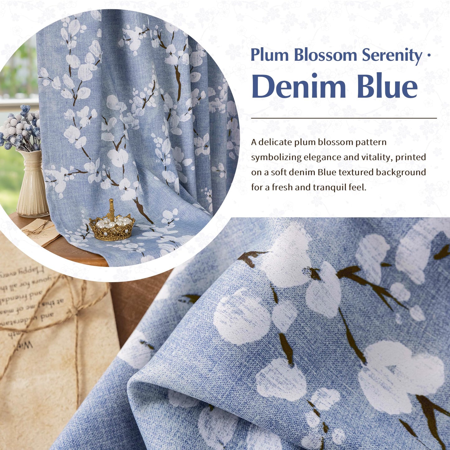 FMFUNCTEX 100% Blackout Floral Curtains for Bedroom, Blue Curtains 84 inch Length Blossom Flower Patterned for Living Room, Thermal Insulated Farmhouse Drapes, Rod Pocket 2 Panels (White on Blue)