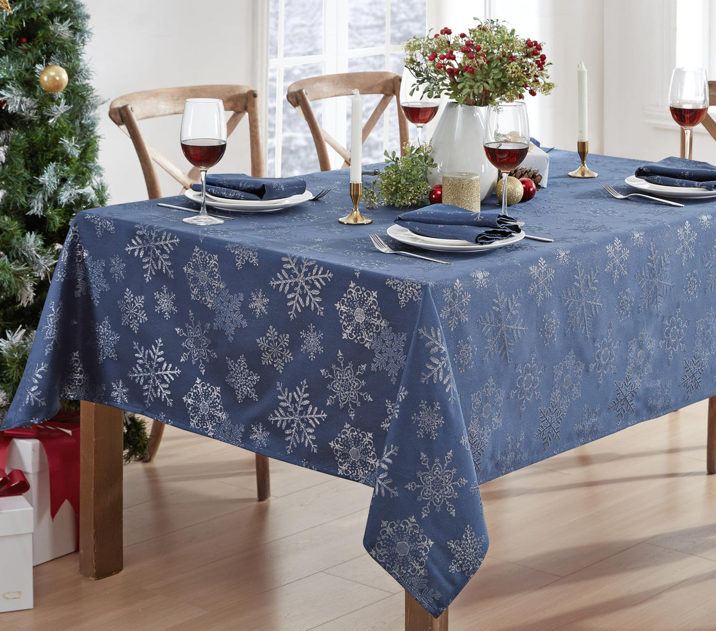 Newbridge Fancy Metallic Snowflake Christmas Fabric Tablecloth, 60 x 84 Inch Rectangle, Navy Silver, No-Iron Soil Resistant Sparkling Snowflakes Woven Holiday Table Cover