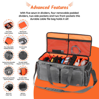ASEG Gear Heavy Duty - DJ Cable Bag Organizer with Detachable Dividers – Travel Gig Bag – Case for Equipment - Music Equipment & Accessories - Heavy Duty Exterior & Padded Nylon Interior