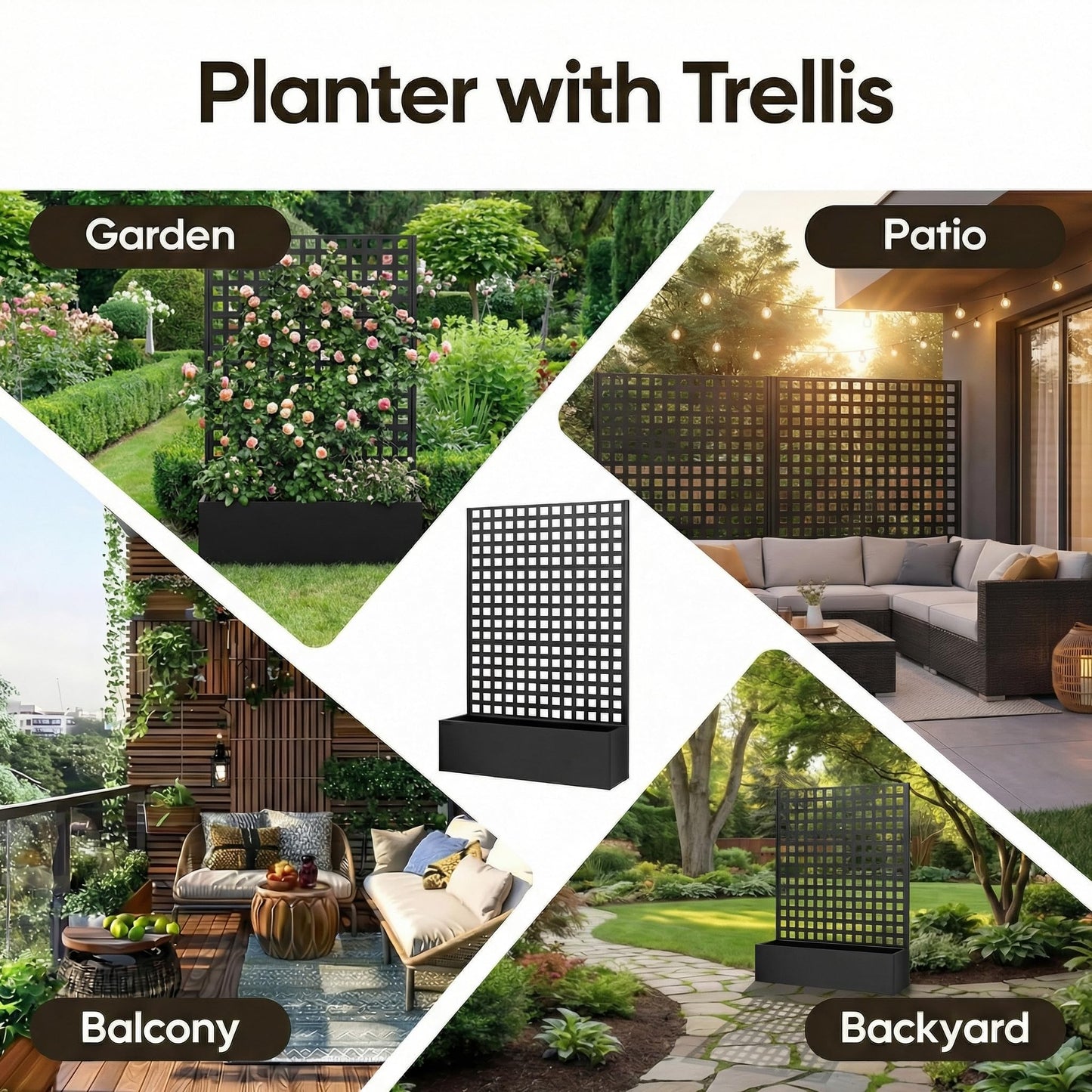 TABU Metal Planter Box with Trellis, 71"x47"x16" Galvanized Steel Raised Garden Bed with Privacy Screen, Multi-Functional Outdoor Standing Planter with Drainage Holes for Climbing Plants, Black