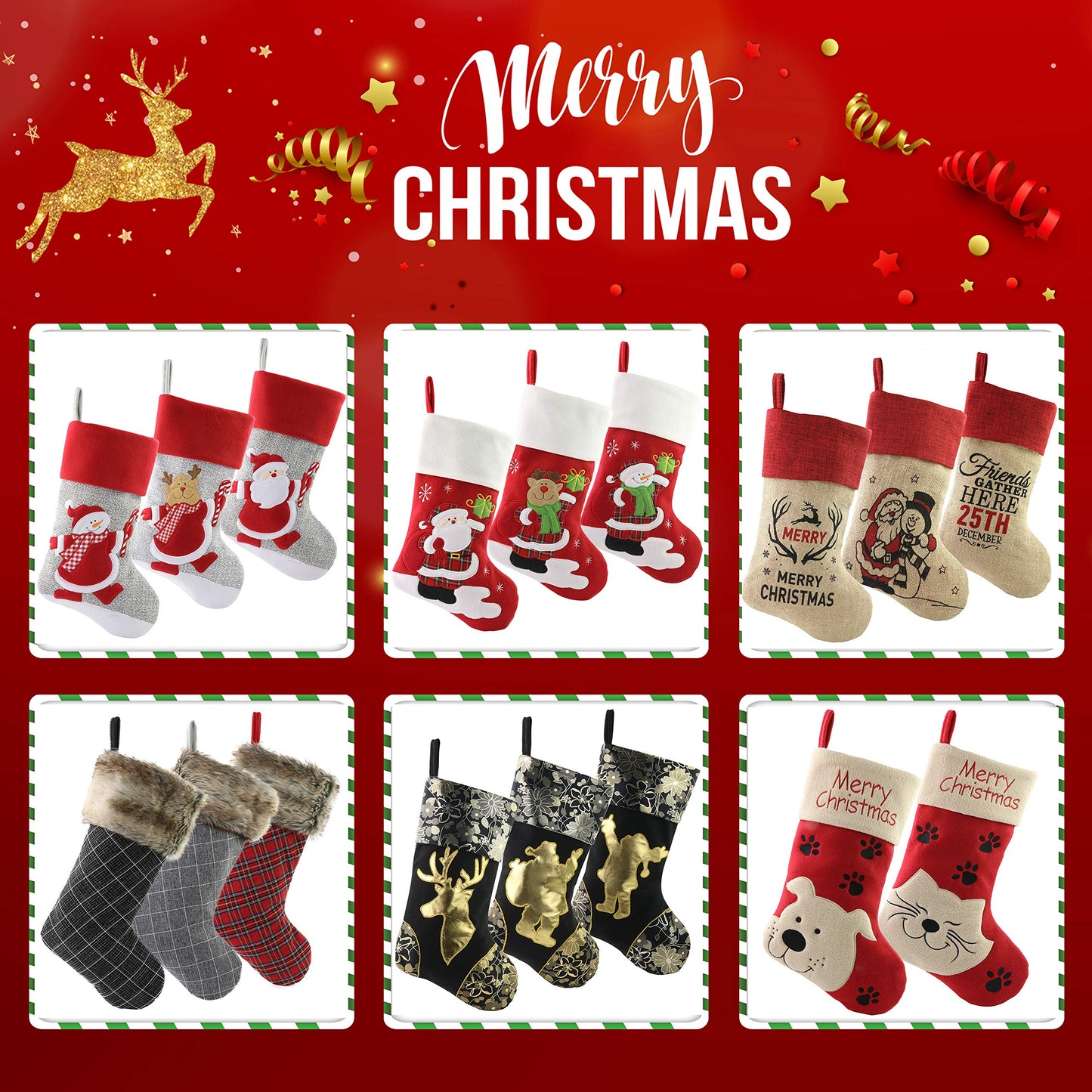 Bstaofy Set of 4 20'' Extra Long Knitted Christmas Stockings Stretchable Handmade Woven Snowflakes and Reindeer Assorted Xmas Tree Hanging Decorations