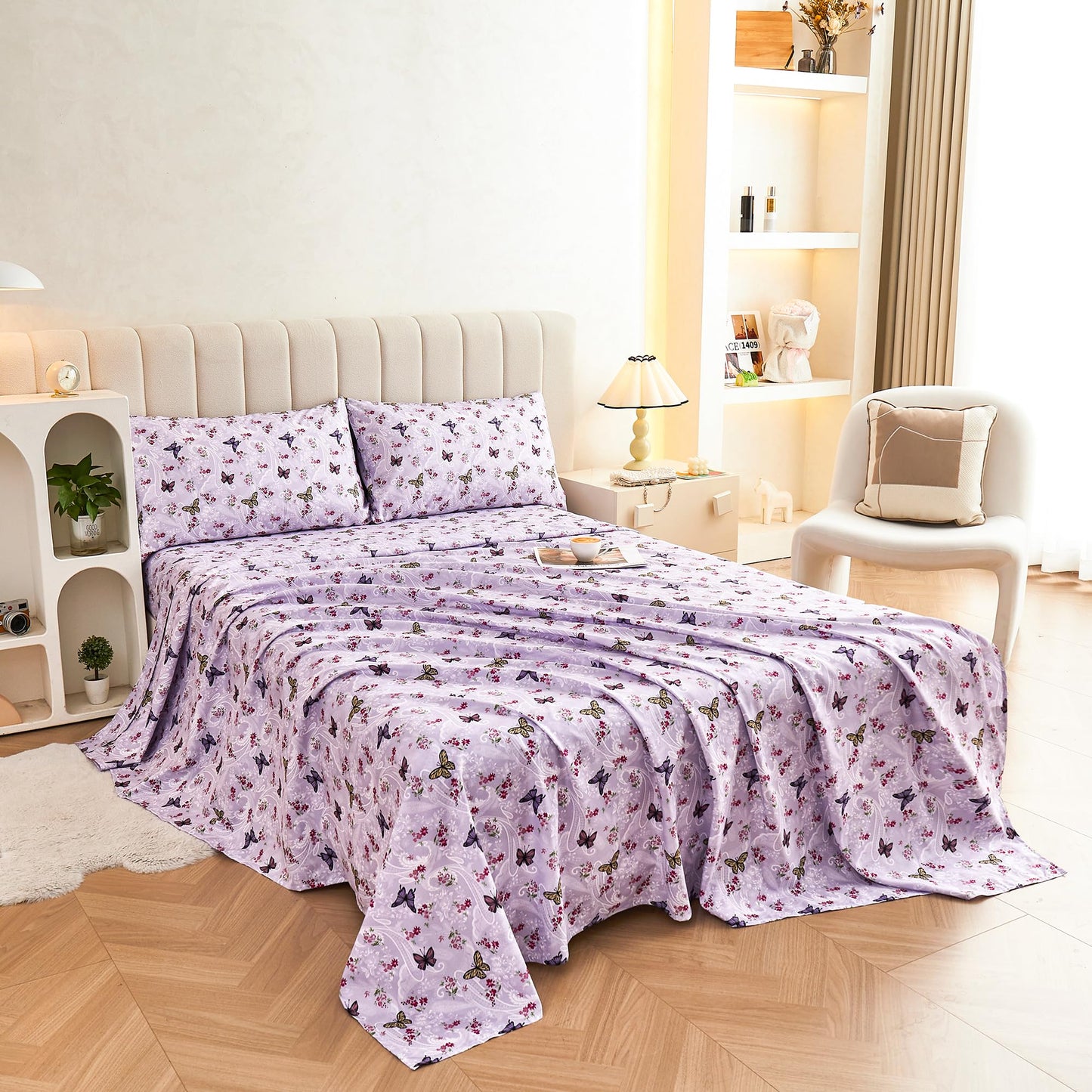 Softan Floral Twin Size Sheet Set, Purple Paisley Flower Printed Sheets for Kids Girls, Brushed Microfiber Fitted Sheet with 15" Deep Pocket & Non-Slip Straps, Butterfly Patterned Sheets