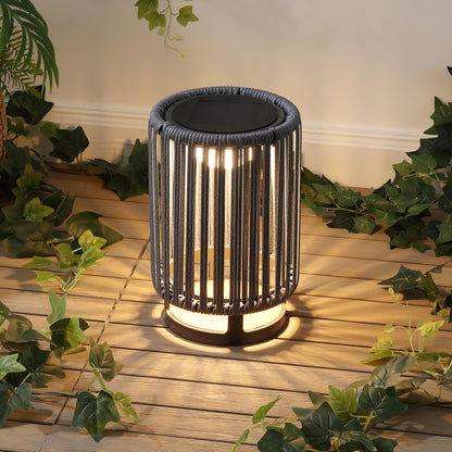 JONATHAN Y 12.5" Charcoal/Black Modern LED Solar Powered Outdoor Lantern, 8.5" x 13" with Faux Rattan Shade, USB-C Rechargeable Cordless Light for Patio Deck Porch Garden JYL2602A
