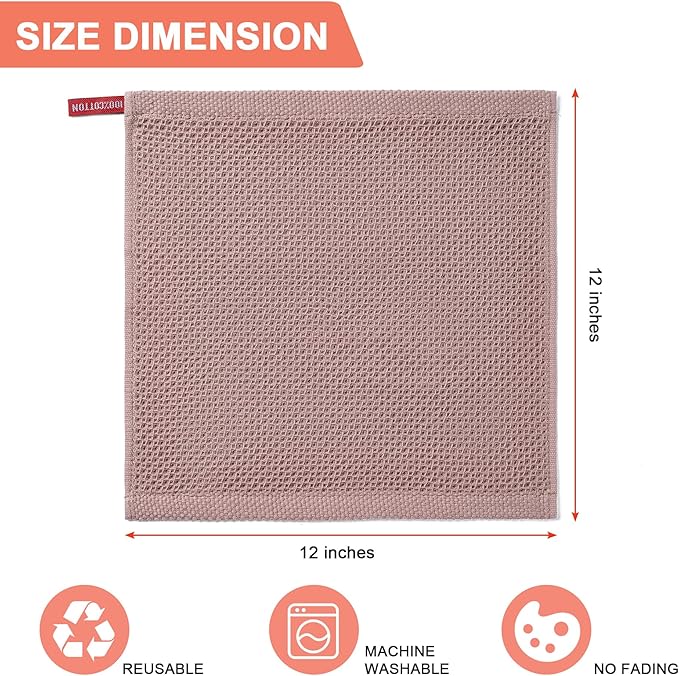 BOOMIBOO 8-Pack Kitchen Dish Cloths, 100% Cotton Waffle Weave, Ultra Soft