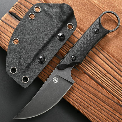 CCFFCC FF105 Fixed Blade Knife，DC53 Black Stonewashed Steel Blade Carbon Fiber Handle Full Tang Knife for Outdoor Camping Hunting Working(Black)