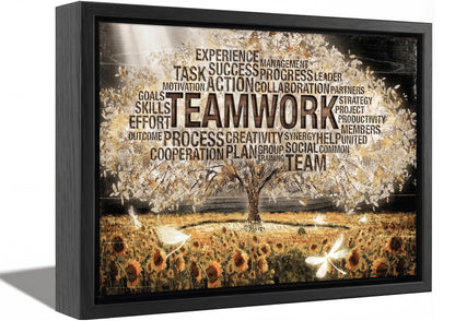Framed Teamwork Tree Canvas Wall Art Inspirational Office Wall Decor Picture Motivation Positive Quotes And Sunflower Poster Print Painting for Living Room Bedroom Classroom Home Decoration