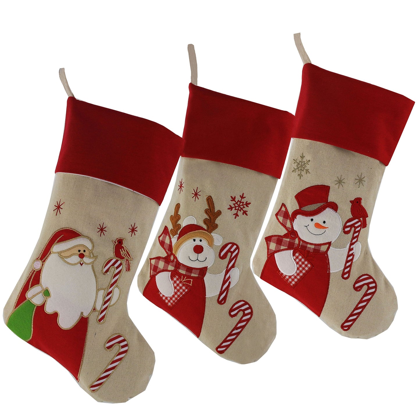 WEWILL Lovely Christmas Stockings Set of 3 Santa, Snowman, Reindeer, Xmas Character 3D Plush Linen Hanging Tag Knit Border, 17 Inch