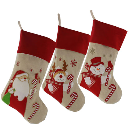 WEWILL Lovely Christmas Stockings Set of 3 Santa, Snowman, Reindeer, Xmas Character 3D Plush Linen Hanging Tag Knit Border, 17 Inch