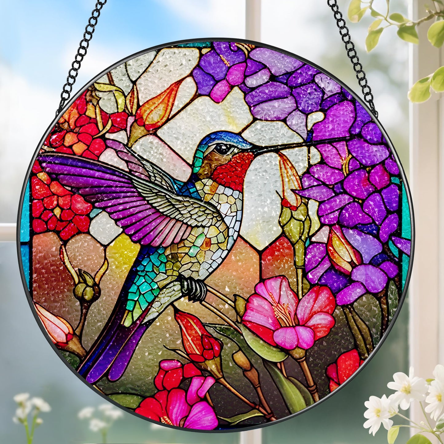 8 Inch Stained Glass Suncatcher Ornament, DOUHASU Hummingbird Sun Catchers Indoor Window, Stained Glass Window Hanging, Home Decor, Hummingbird Lovers Gifts for Women, Mom, Friend