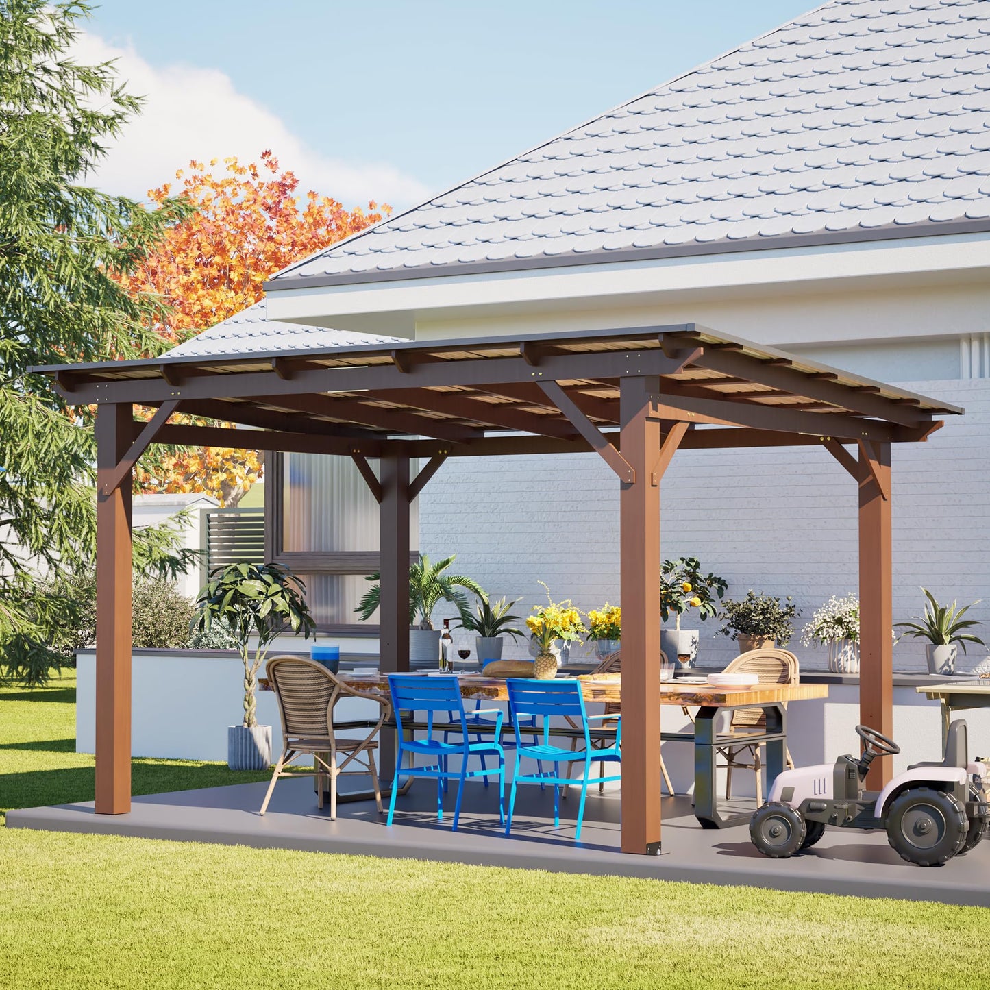 KEIKI 13.1' x 10' Wooden Grill Gazebo Metal Roof, Bulbs, Bar Counters, Patio Hardtop Grill Pergola, BBQ Canopy for Lawn, Garden, Outdoor Patio, Backyard