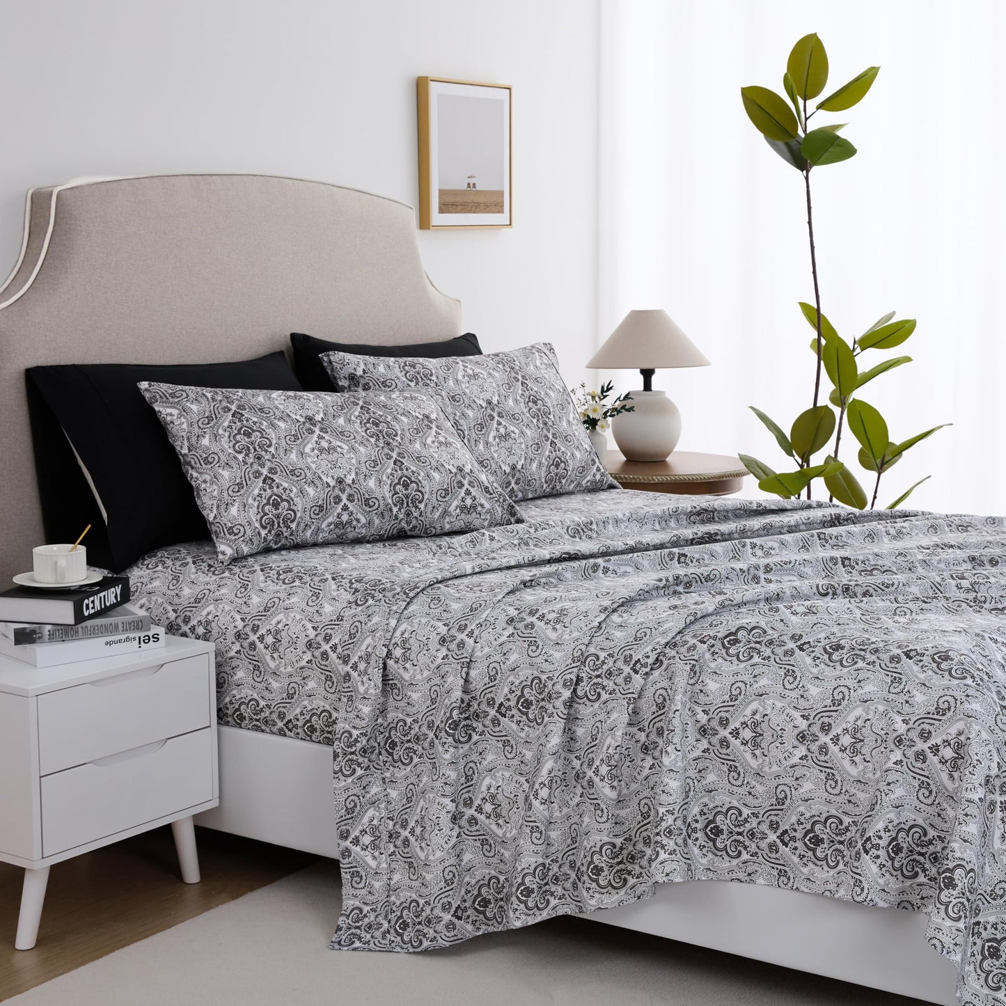 Spirit Linen home 6-Piece Twin Size Bed Sheet Set - Deep Pocket, Paisley Pattern, Soft and Breathable Bed Sheets, Microfiber Material, Includes 1 Fitted, 1 Flat, 4 Pillowcases - Black Paisley Design