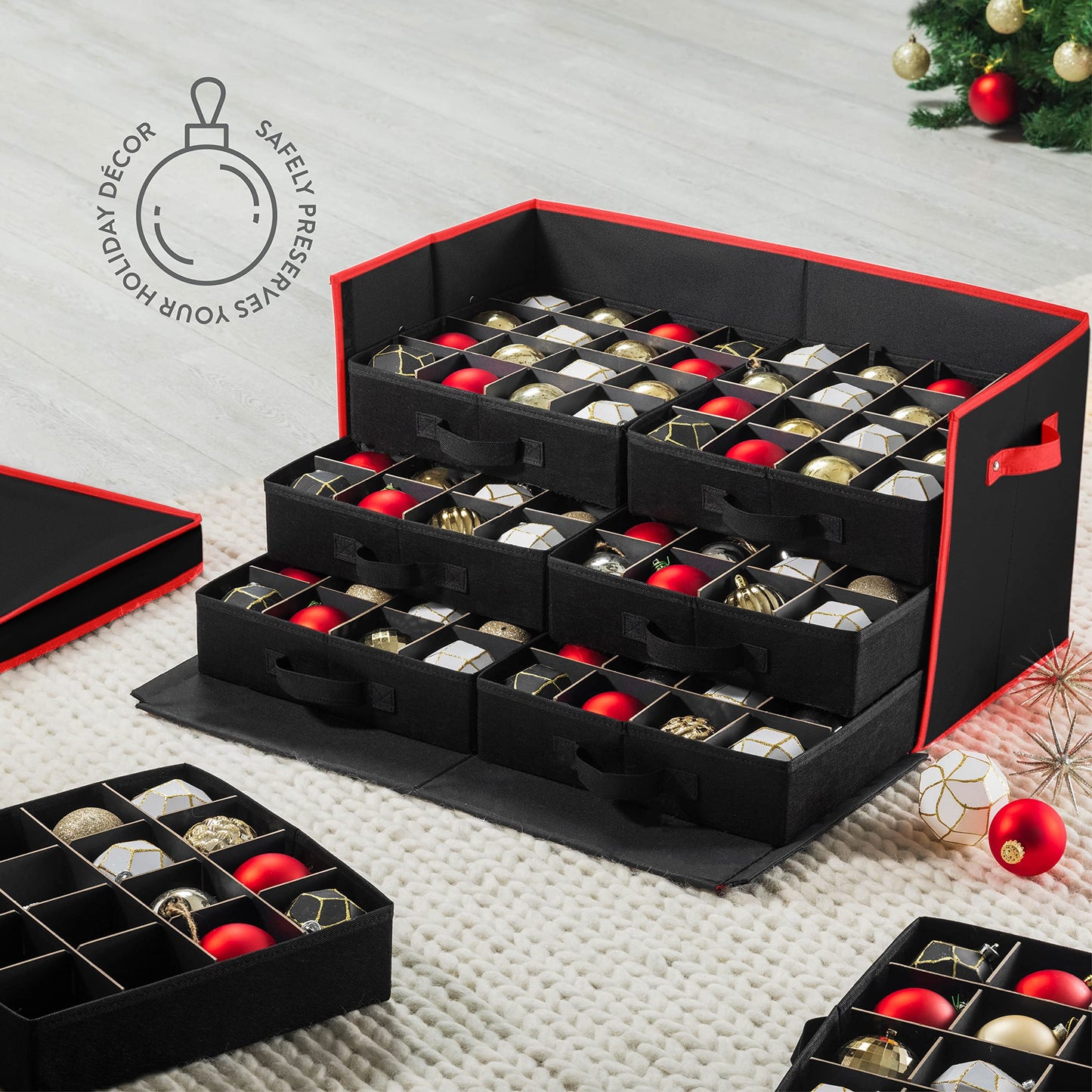Premium Large Christmas Ornament storage Box, with Side Open, Drawer Style Trays - 3" Compartment, 8 Trays, Keeps 128 Holiday Ornaments & Xmas Accessories, Storage Container Made Of 600D Oxford Fabric