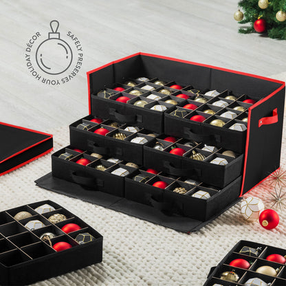 Premium Large Christmas Ornament storage Box, with Side Open, Drawer Style Trays - 3" Compartment, 8 Trays, Keeps 128 Holiday Ornaments & Xmas Accessories, Storage Container Made Of 600D Oxford Fabric
